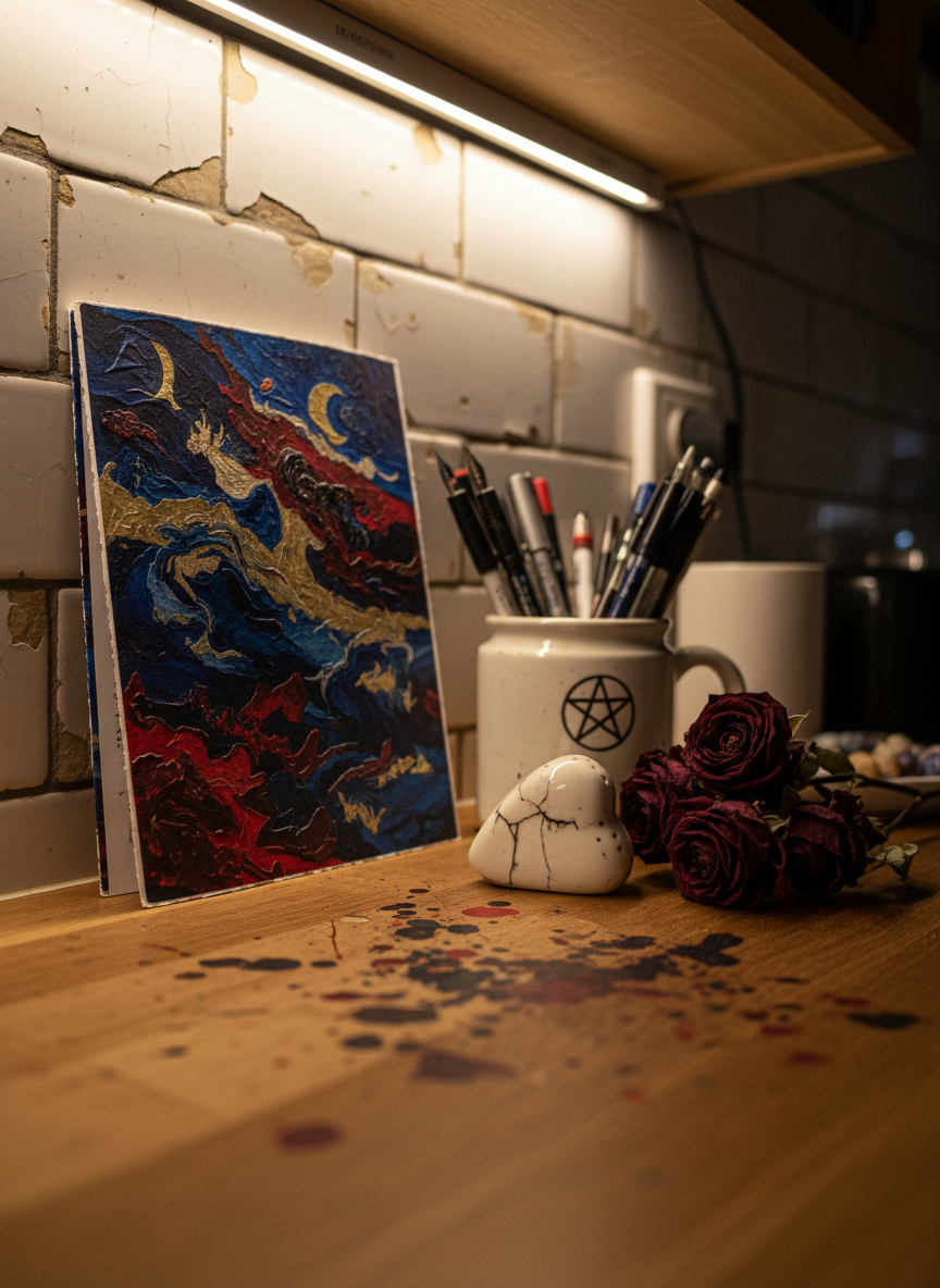 A close-up, low-angle photographic view of a single poetry chapbook propped upright against a chipped white subway-tile backsplash, as if on a kitchen counter altar. The cover art is a collage of deep blues, blood reds, and metallic gold ink, evoking storms of emotion and phases of the moon without using text. In front, a ceramic mug with a tiny painted pentacle sits beside a clutter of ink pens, dried roses, and a cracked porcelain salt shaker shaped like a heart. Warm under-cabinet lighting creates sharp highlights on glossy splatters and casts long, dramatic shadows across the counter. The shallow depth of field blurs the tiles and background objects into a soft bokeh, focusing attention on the chapbook’s raw texture and the emotionally charged, domestic-magical setting, suggesting an art therapist’s kitchen transformed into a sacred creative space.