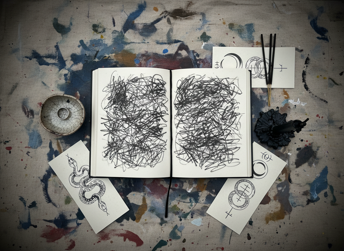 An overhead photographic shot of an open poetry chapbook lying on a stained, paint-splattered canvas drop cloth, its pages filled with dense black lines and abstract smudges that hint at intense writing without forming readable words. Surrounding the book are symbolic objects: a silver wedding ring resting in a shallow ceramic dish, a bundle of charred incense sticks, and a black candle melted into a tangled wax sculpture. Faintly visible tattoo-style flash drawings—snakes, crescent moons, and protective sigils—are sketched on loose paper nearby. Soft, diffused overcast light from above mutes the colors while amplifying texture, creating a gritty yet intimate atmosphere. The composition is centered but asymmetrical, with sharp focus on the chapbook spine and a gentle vignette around the edges, embodying a bold, unapologetic artistic voice.