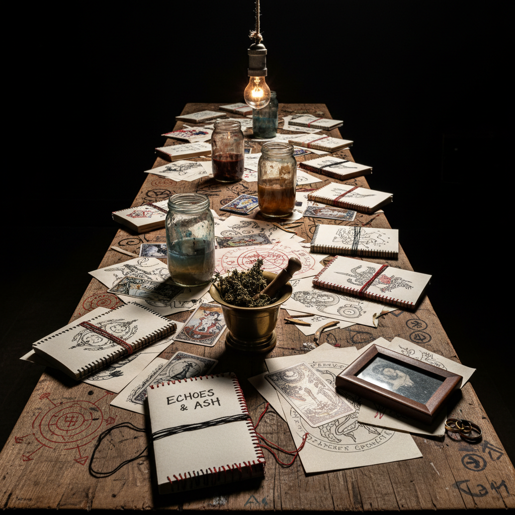 A wide, cinematic photographic scene of a long wooden workbench transformed into a chaotic altar of creativity, covered with multiple in-progress poetry chapbooks, loose illustrated pages, and tattoo-style line art. Spirals of hand-drawn sigils and protective circles surround clusters of chapbooks, while glass jars of paint water, scattered tarot cards, and a brass mortar filled with herbs punctuate the space. Overhead, a single hanging bulb casts harsh, high-contrast light, creating sharp shadows and intense highlights that mirror a manic-depressive emotional landscape. The composition uses leading lines along the workbench to draw the eye from the foreground—a half-bound chapbook with exposed stitching—to the far end, where a small framed photo is turned face-down beside intertwined wedding rings. Shot at eye level with deep focus, the mood is bold, restless, and fiercely honest.
