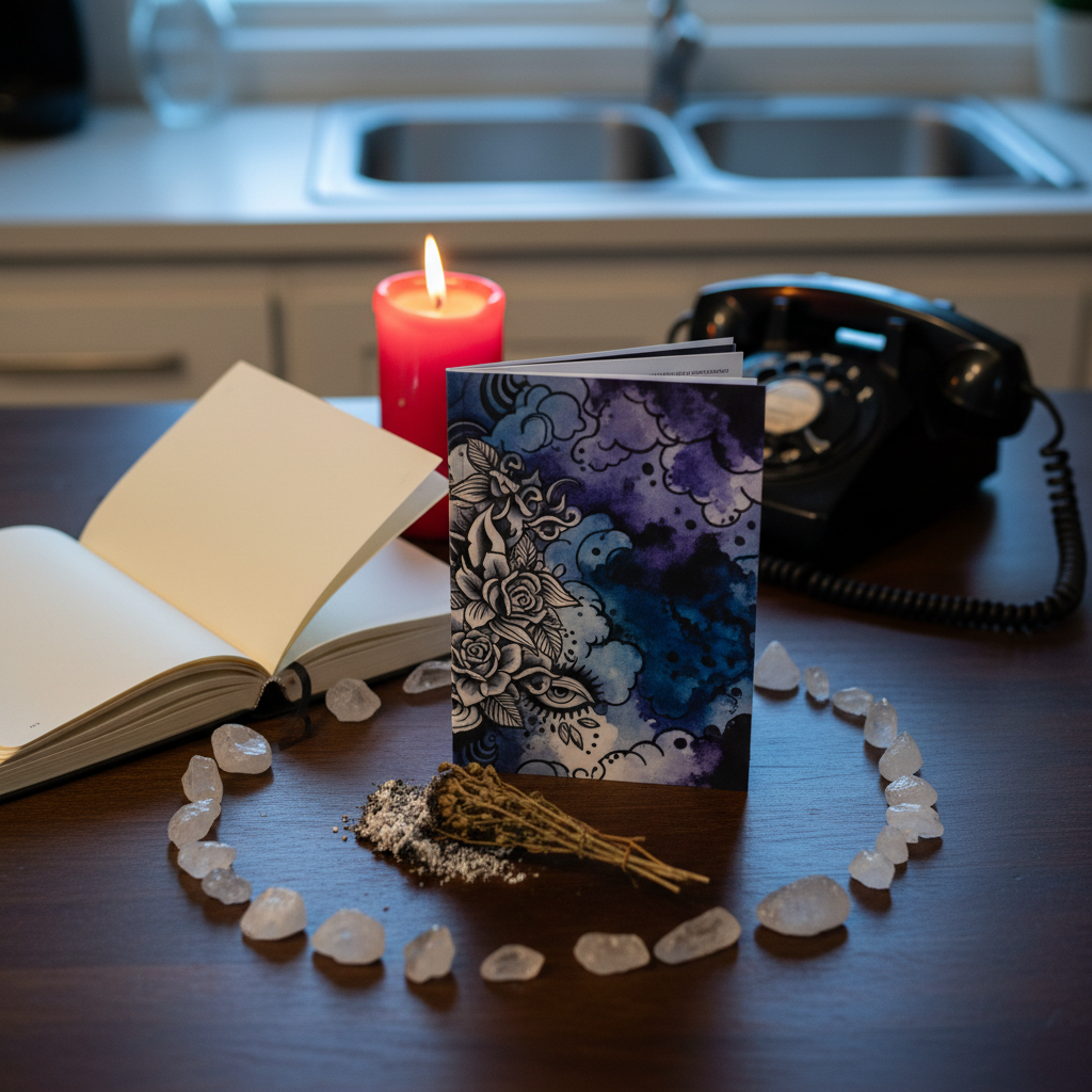 A photographic close-up of a contact-space vignette: an open, blank notebook waiting beside a finished poetry chapbook whose cover art resembles layered tattoo flash and watercolor storms. The two rest on a dark wooden desk, ringed by a circle of small crystal points, a smudging bundle burned down to ash, and a vintage rotary phone with the receiver off the hook, its coiled cord snaking toward the viewer. A kitchen sink in the blurred background gleams under cool, bluish evening light spilling through a window, while a single red candle near the notebook provides a warm counter-glow. Shot from a three-quarter angle with shallow depth of field, the focus is on the space between the notebook and chapbook, suggesting an invitation to reach out and connect. The mood is intimate, witchy, and provocatively open.