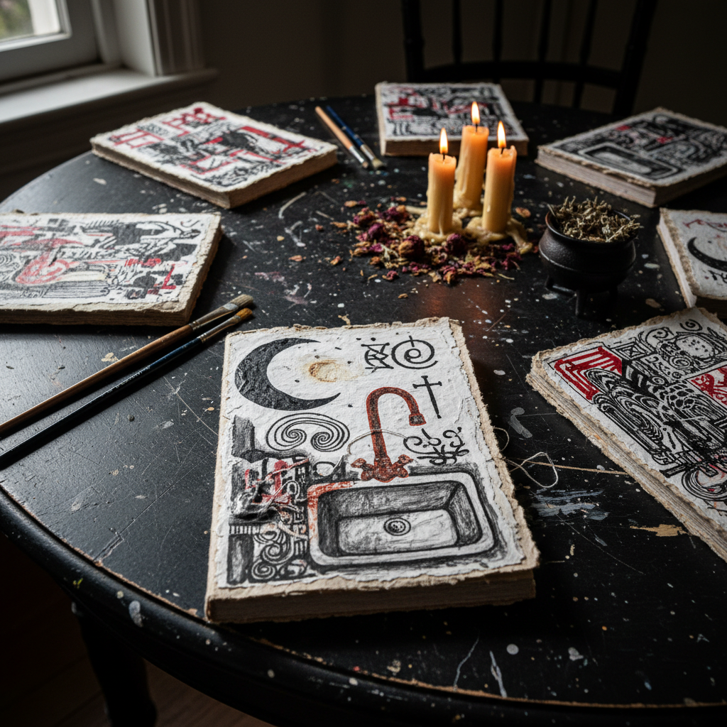 A stack of handmade poetry chapbooks spread across a worn black farmhouse table, each cover featuring raw mixed-media artwork with moons, kitchen sinks, and swirling ink sigils. The chapbooks’ rough, recycled paper pages fan open, revealing glimpses of intense line breaks and abstract illustrations without legible text. Around them, scattered art tools—paint-streaked brushes, dried petals, beeswax candles, and a small cast-iron cauldron—suggest a Wiccan altar merged with a studio desk. Dramatic side lighting from an unseen window carves deep shadows and bright highlights, creating a moody, photographic realism. Shot from a slightly elevated angle with shallow depth of field, the focus rests on one vivid chapbook in the foreground while the rest blur into a chaotic yet intentional background, evoking a bold, manic-depressive creative energy.